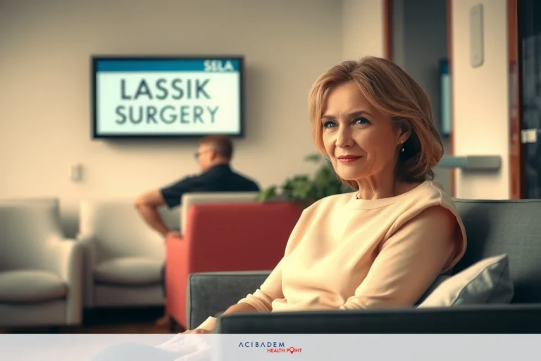 How Much Per Eye for LASIK in Iowa An elderly woman sitting on a couch with a neutral expression, wearing a light-colored top. A man in a dark shirt is seated on the sofa across from her. The setting appears to be a professional waiting area or lobby with modern decor and a television screen displaying text that reads 'LASSIK SURGERY' in bold, capital letters.