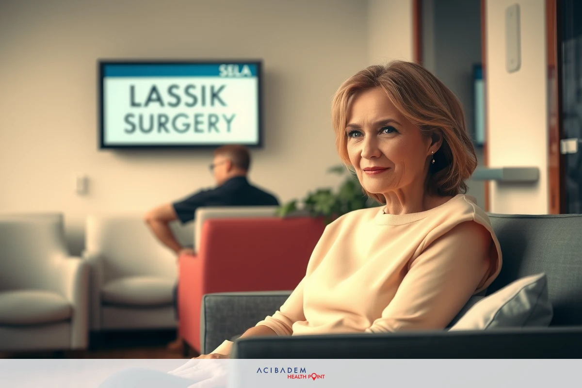 An elderly woman sitting on a couch with a neutral expression, wearing a light-colored top. A man in a dark shirt is seated on the sofa across from her. The setting appears to be a professional waiting area or lobby with modern decor and a television screen displaying text that reads 'LASSIK SURGERY' in bold, capital letters.