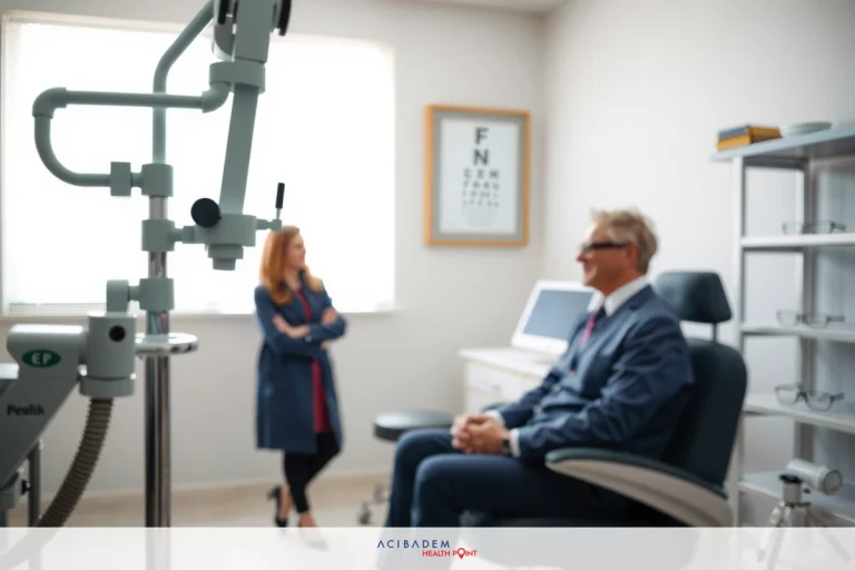 Can Eye LASIK Keep Me From Bi Focals The image shows a professional environment, likely an ophthalmologist's office. There are two people present; one is seated in a chair facing an examination chair, while the other stands behind, observing or perhaps conducting the test. The setting includes medical equipment and furniture typical of such facilities. This scenario suggests a check-up or an eye test being conducted.