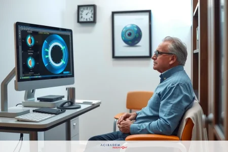 A professional office setting with a middle-aged man seated in front of a computer screen displaying medical imagery, suggesting a context of data analysis or healthcare.