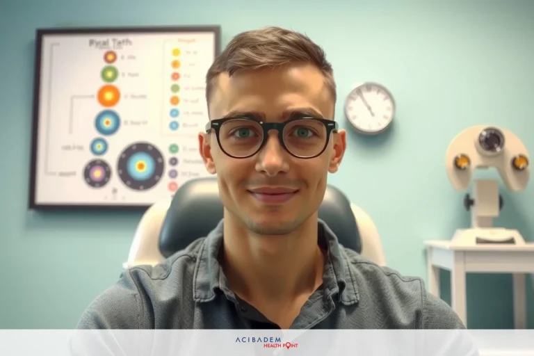 A young man with glasses, sitting in a office behind a desk with various dental equipment. The room is well-lit and has blue walls.