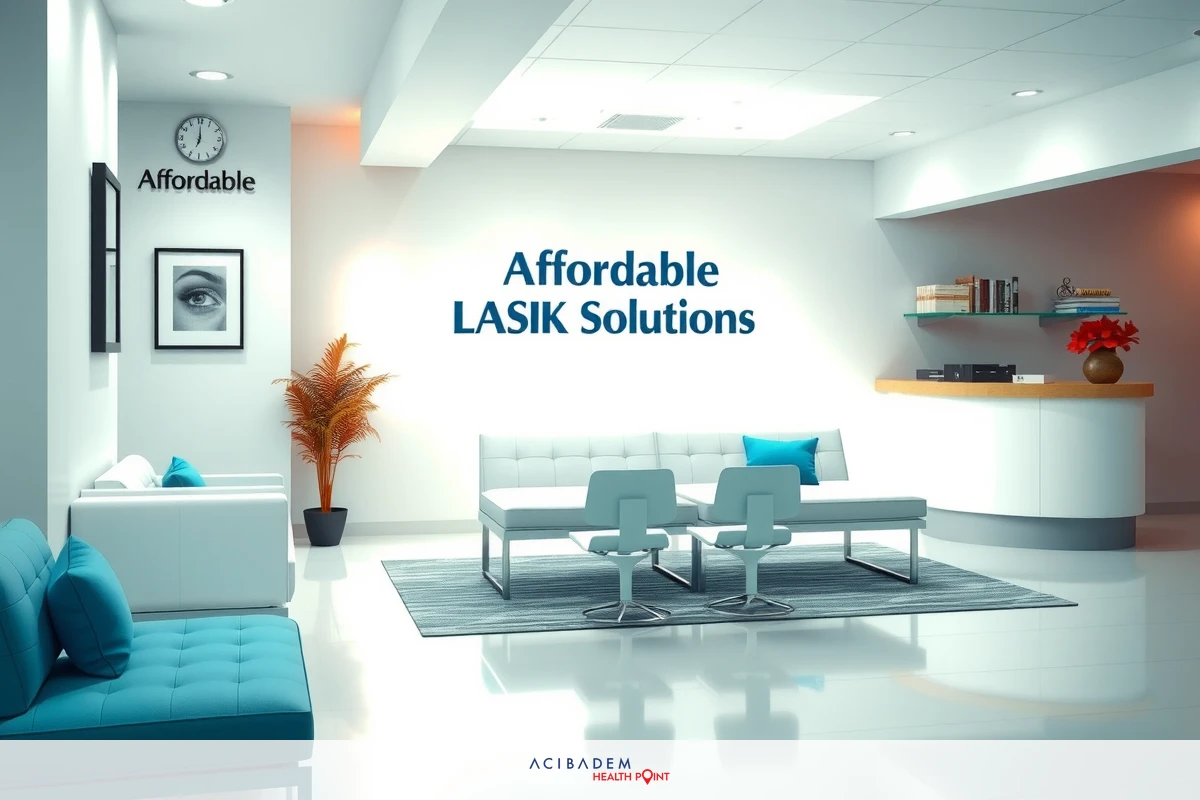The image shows an office interior. The environment includes a reception area with modern furniture, such as couches and chairs, arranged around a central desk with a computer monitor. On the wall behind the desk, there's text that reads 'Affordable LASIK Solutions'. The color scheme is composed of neutral tones, predominantly white and gray, with blue accents on the furniture.