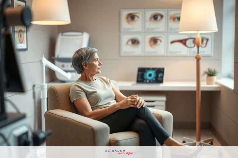 This is a professional setting where an older woman is seated in a waiting area, possibly for medical services given the context. She's wearing a sleeveless top and dark pants. The environment includes chairs, lamps, desks with a laptop and a potted plant.