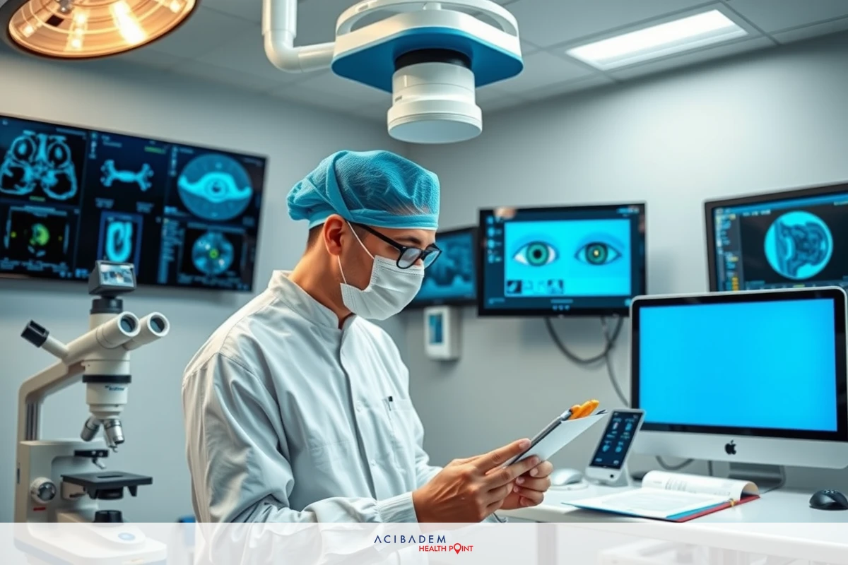 A medical professional in a clean room environment, wearing a surgical cap and scrubs. They are using digital tablet technology to review patient information while standing next to diagnostic equipment. The setting appears modern and well-equipped for advanced medical procedures.