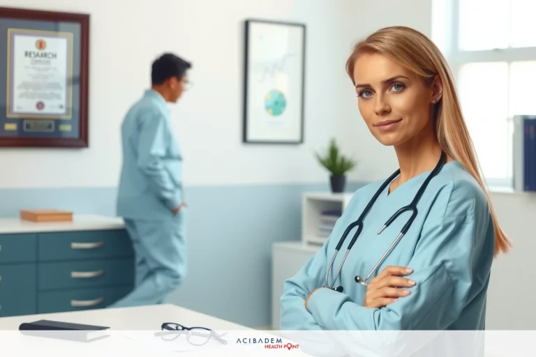 The image features a modern medical office. A doctor, dressed in professional attire including a light blue coat, stands confidently by the desk with his hands clasped together. The office is equipped with contemporary furniture and technology indicative of advanced healthcare practices.