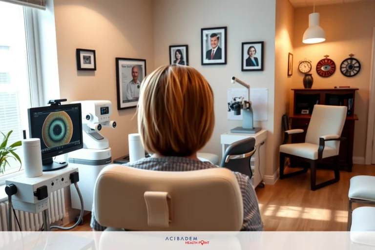 A woman sitting in a chair with various equipment visible, including a computer monitor and an eye chart. The room is well-lit and features multiple framed pictures on the wall.