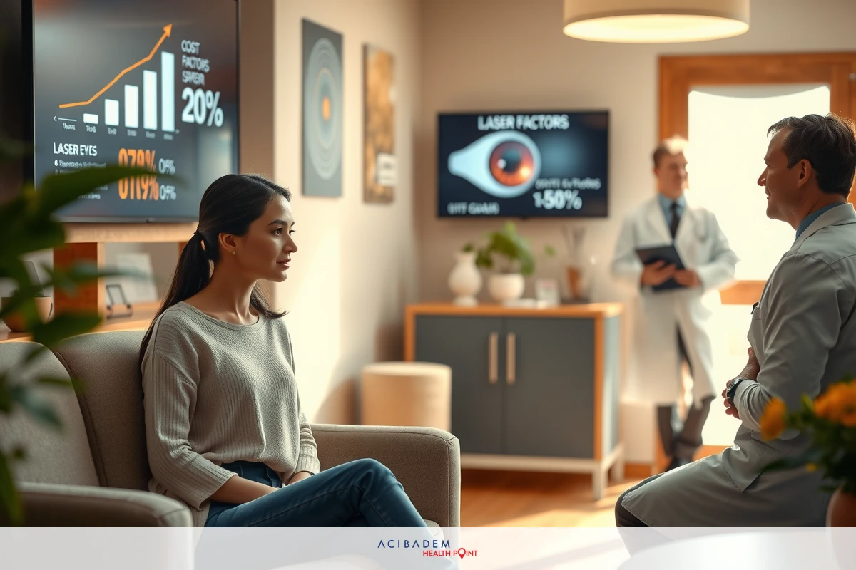 Two people sitting in a room, engaged in a conversation. One person is wearing a white shirt and the others has a white scrubs. A television screen showing financial data is visible in the background.