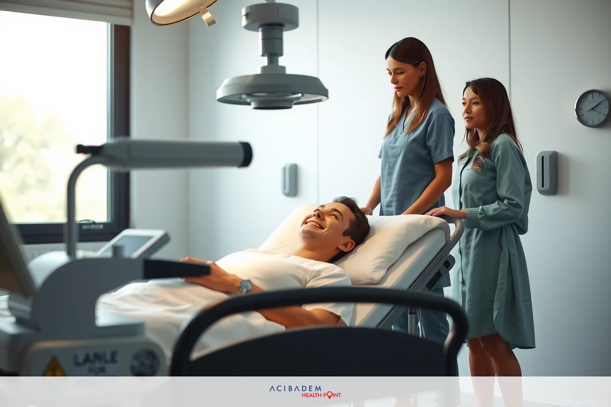 A man is lying in a hospital bed, hooked up to medical equipment with two women standing beside him. The room has a clean and sterile appearance, suggesting that it is likely an intensive care unit or operating room.