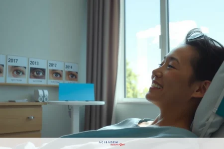 How Long After Laser Eye Surgery Can You See Clearly In the image, a patient is lying in a hospital bed with a cheerful smile on their face. The room has a window that lets in natural light, creating a bright and welcoming atmosphere. There are also signs of healthcare-related activities around the room such as medical equipment and charts on the wall.