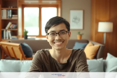 Does Laser Eye Surgery Cure Astigmatism? A smiling man wearing glasses, seated on a modern couch in a brightly lit room. He is casually dressed.