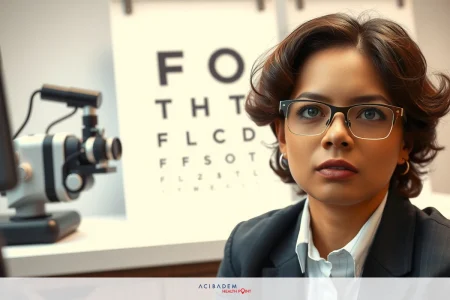 How Old for Laser Eye Surgery A professional woman with glasses, wearing a dark suit, looking at a patient through an eye examination device. The environment is clinical and well-lit.
