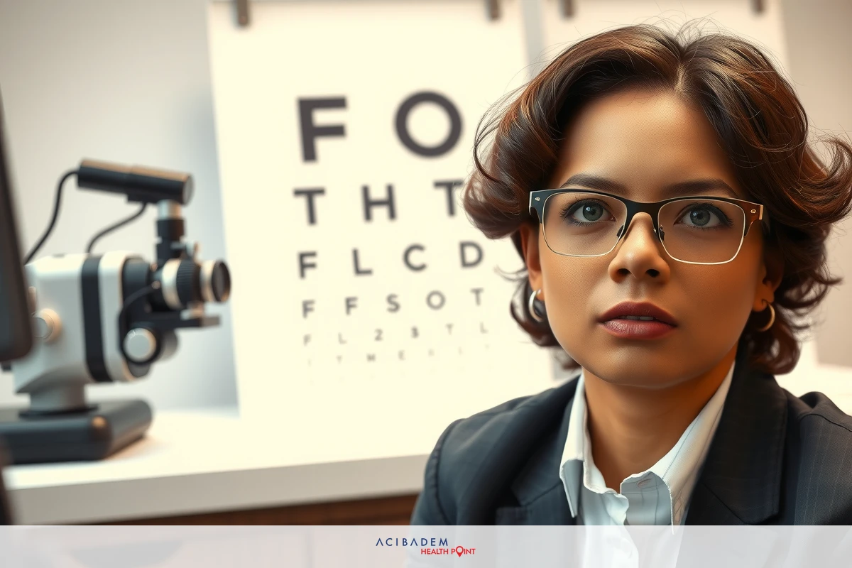 A professional woman with glasses, wearing a dark suit, looking at a patient through an eye examination device. The environment is clinical and well-lit.