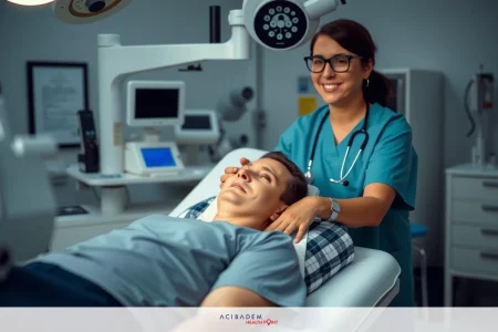 In an image, a man is lying down on a hospital bed with medical equipment. A healthcare professional dressed in blue scrubs stands nearby, seemingly attending to the patient.