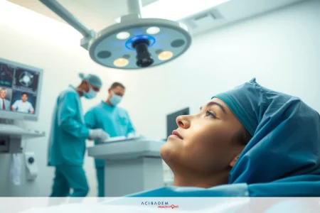 Do They Put You to Sleep for Laser Eye Surgery In the image, a woman is lying on an operating table in a modern hospital setting. She's wearing surgical attire and has a calm expression. Two surgeons, dressed in medical gowns and masks, are performing a procedure, one standing behind her, looking down at their notes, while the other appears to be conducting the actual operation. The environment is sterile with white walls and overhead lights.
