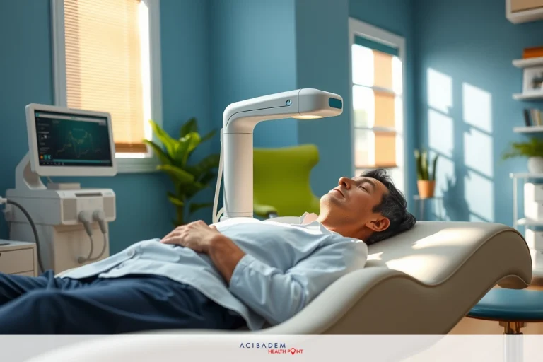 How Does the Laser Work in Laser Eye Surgery The image features a man in a medical office setting, laying on a examination chair. He appears relaxed with his hands gently placed on his stomach. The office environment is well-lit with blue walls and a window allowing natural light to enter.