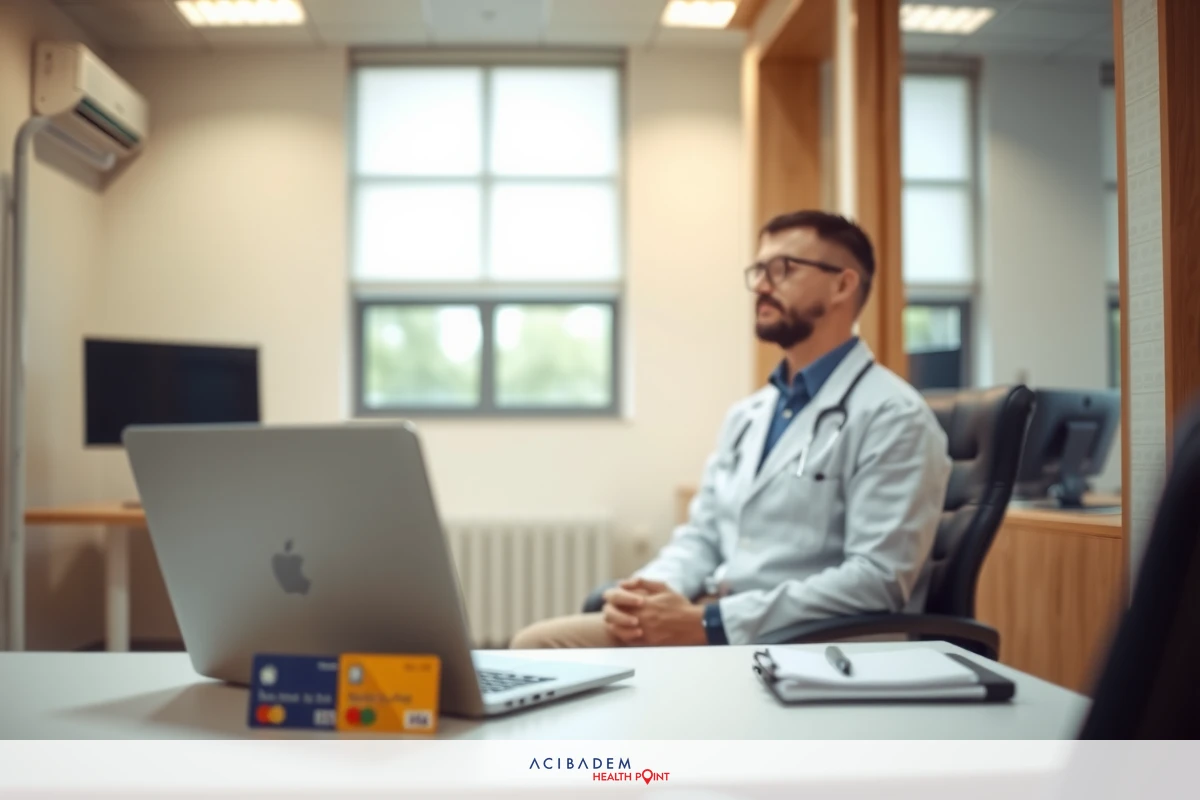 A man in a white coat sitting at his desk with a laptop. He is wearing glasses. The office environment has a modern feel, with natural light coming through windows.