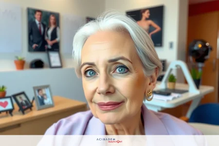 The image shows a woman sitting at a desk in an office setting. She appears to be middle-aged with short gray hair and is wearing glasses. She has a neutral expression on her face.