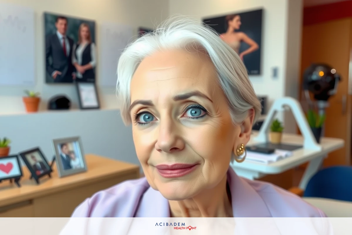 The image shows a woman sitting at a desk in an office setting. She appears to be middle-aged with short gray hair and is wearing glasses. She has a neutral expression on her face.