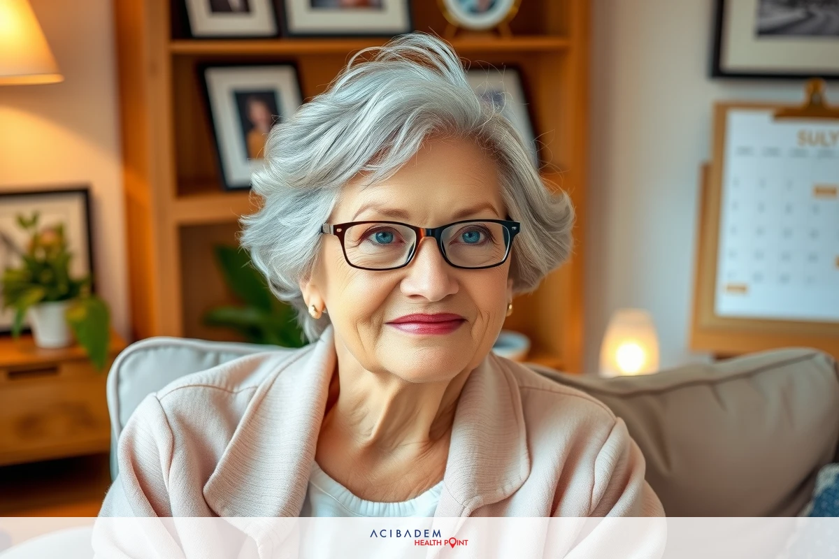 An older woman with grey hair wearing glasses and a pink jacket, sitting on a couch indoors. She is looking slightly off-camera with a subtle smile. The room has warm lighting and decorative elements, suggesting a comfortable living area.