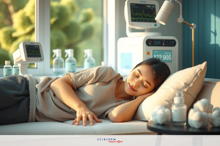 A young woman wearing a medical gown is resting on a hospital bed. She appears to be asleep with her eyes closed. The room has natural light coming through the window and a calming color scheme of blue and green tones.