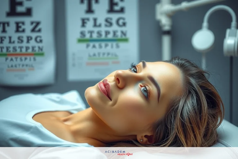 The image shows a young woman lying down on what appears to be a medical examination table, wearing a white top. She has her head turned slightly to the side and is looking directly at the camera with a neutral expression. Behind her, there are various medical charts and equipment, which suggests she might be in a doctor's office or clinic for an eye test, as indicated by the text on some of the signs. The environment is calm and professional.