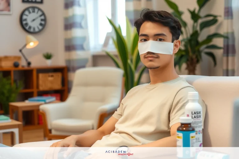 How Long After LASIK Can I Wash My Eyes A man seated on a couch in an indoor room, wearing a face mask, with several bottles of medication. The environment suggests a modern, well-lit space with furniture and decor items.