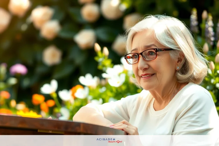 A woman with glasses, wearing a light-colored top and sitting at an outdoor table surrounded by flowers, smiling as she looks to the side.