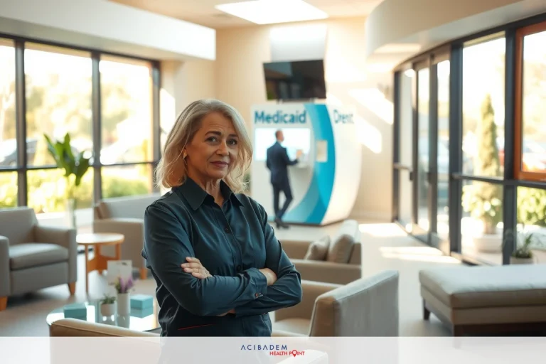 A smiling woman stands in a modern waiting area with white walls and large windows. She is dressed professionally, wearing a suit and has her arms crossed. The room features comfortable seating arrangements.