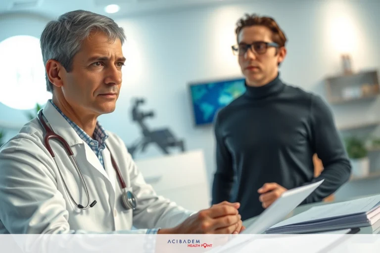 The image portrays a medical office scene with two men. One man, presumably a doctor based on his white coat, is seated and appears to be examining or discussing papers with the other man who stands facing him. Both men are dressed professionally and seem engaged in a serious conversation. The office has a modern design with sleek furnishings and medical equipment visible in the background.