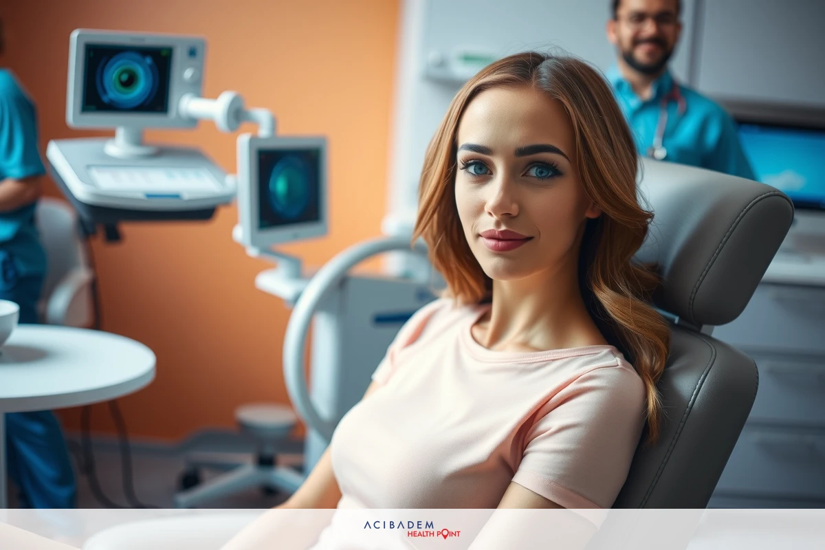 A woman in a pink shirt sits in a examination chair, ready for an appointment. Two doctors are present behind her, with one likely taking on the role of dentist while the other is assisting or observing. The clinic environment suggests a clean and professional setting.