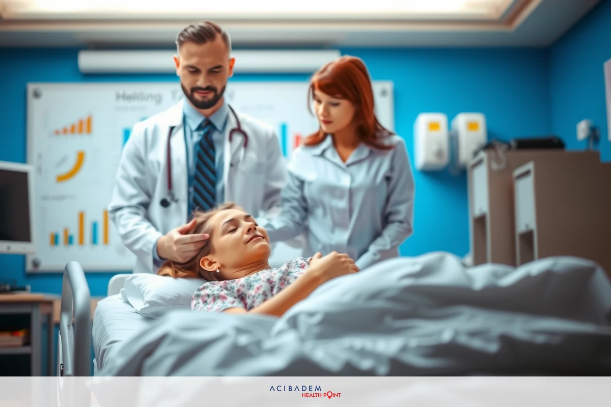 A medical scene in a hospital setting. A doctor and nurse are attending to a patient lying on a bed, possibly receiving an examination or treatment.