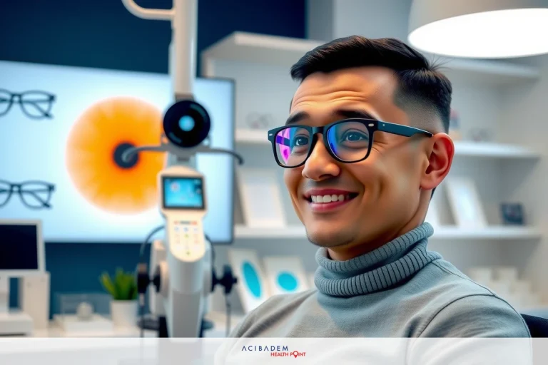 Can I Get LASIK Eye Surgery If I Have Astigmatism? A man with a smile on his face, seated at a desk with computer equipment. He is wearing glasses and appears to be in an office environment. The room has light blue walls, and there are screens displaying various graphics.