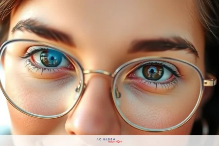 A woman in a pair of glasses with large, round lenses looking directly at the camera. Her eyes are blue and she has a gentle smile on her face.