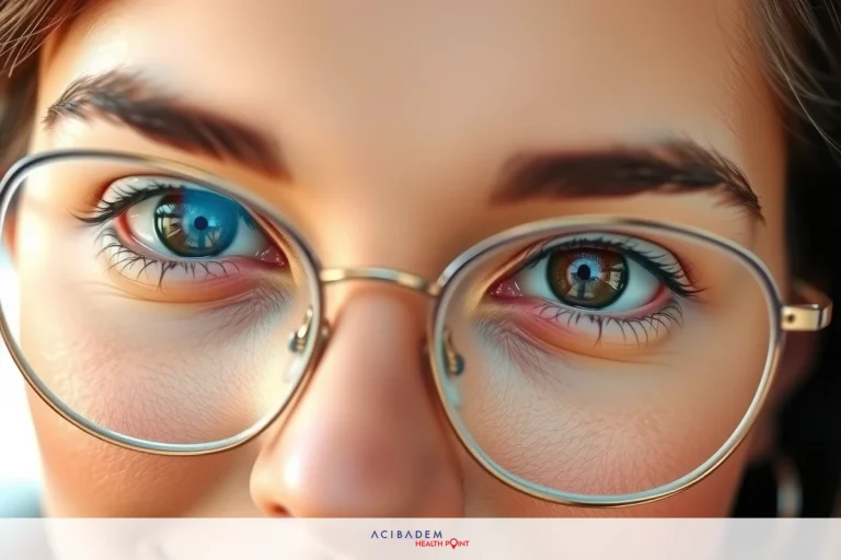 A woman in a pair of glasses with large, round lenses looking directly at the camera. Her eyes are blue and she has a gentle smile on her face.
