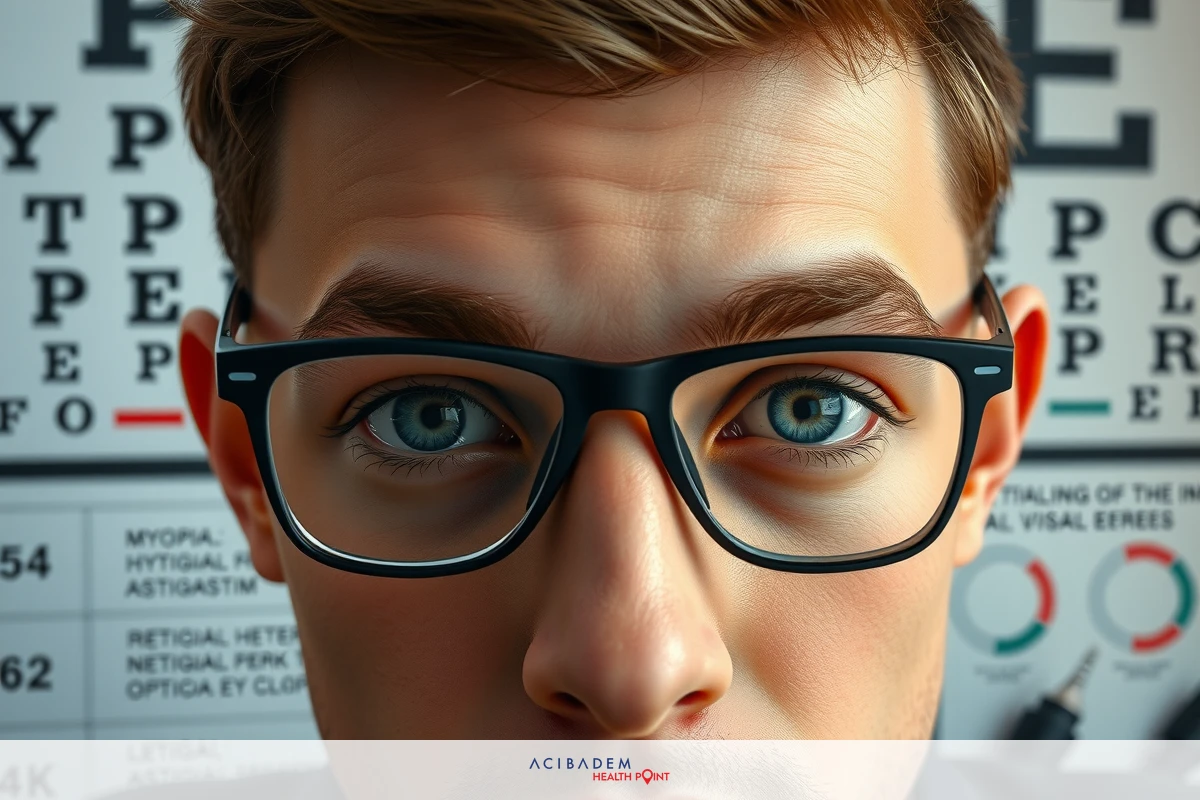 The image shows a young man looking at the camera with a slight smile. He is wearing glasses and has light-colored hair. In the background, there are various optical equipment items.