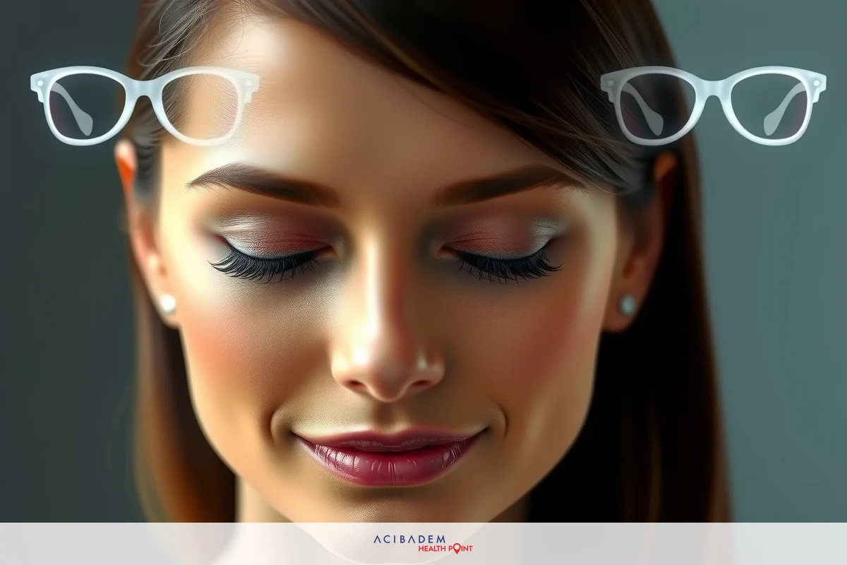 The image depicts a woman with closed eyes. She has long eyelashes and is smiling. The background is neutral in color.