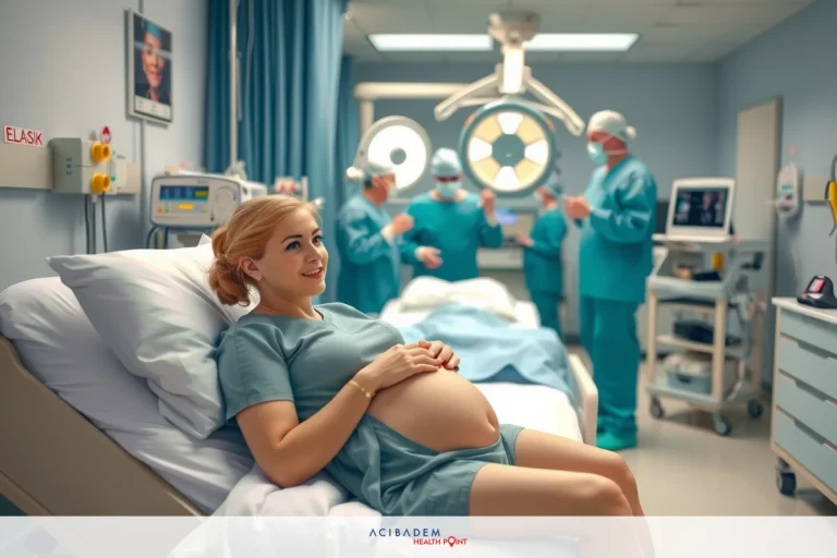 In the image, a pregnant woman is lying in a hospital bed. She's smiling and appears to be comfortable with her surroundings, which include medical personnel dressed in blue scrubs standing around her. The environment suggests a well-lit hospital setting with various medical equipment visible in the background.