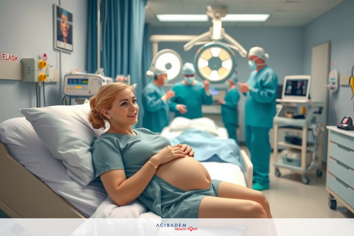 In the image, a pregnant woman is lying in a hospital bed. She's smiling and appears to be comfortable with her surroundings, which include medical personnel dressed in blue scrubs standing around her. The environment suggests a well-lit hospital setting with various medical equipment visible in the background.