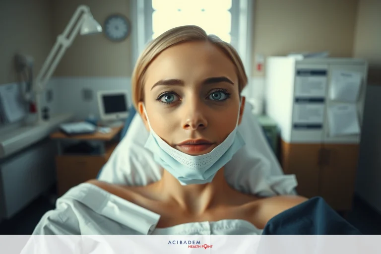 The image shows a woman lying on a medical bed with her chest open, appearing to be inside an operating room. She is wearing surgical attire.