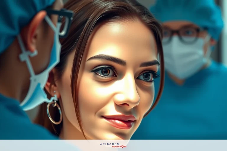 The image shows a woman with a concerned or surprised expression, smiling as she looks to the left. She is surrounded by medical personnel who appear to be focused on their tasks.