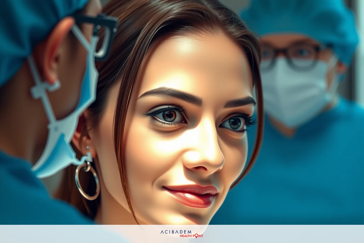 The image shows a woman with a concerned or surprised expression, smiling as she looks to the left. She is surrounded by medical personnel who appear to be focused on their tasks.