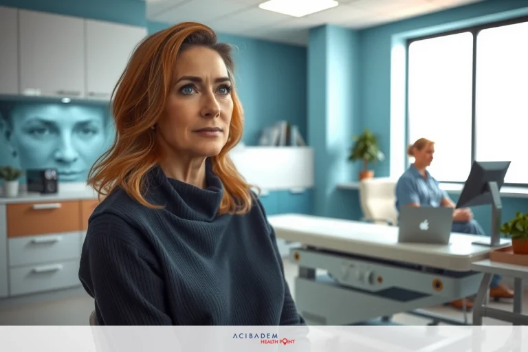 The image features a woman in an office environment, possibly a medical clinic. She is seated at a workstation and appears to be focused on her computer screen. There's also a male colleague present in the background, contributing to a professional atmosphere.