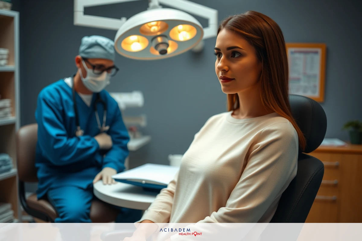 A medical surgery scene with a doctor and patient. The woman is seated in the chair, wearing a face mask, while a professional dressed in blue scrubs stands by, holding a medical tool.