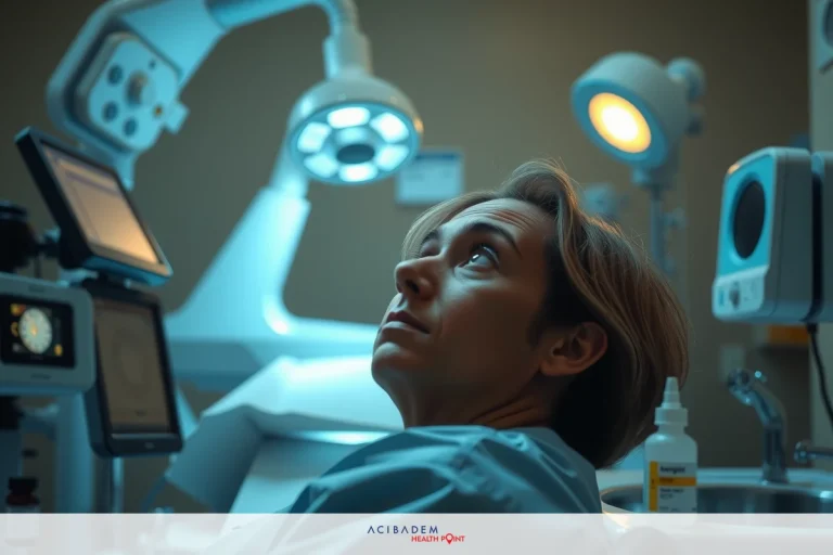 The image shows a person lying down on a medical bed, wearing a gown and facing the ceiling. The room appears to be a clinical or hospital setting with various medical equipment around, including machines and monitors.