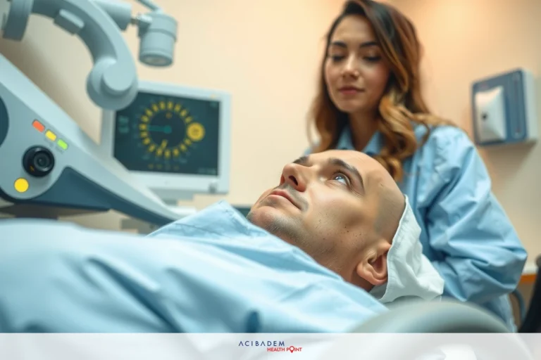 In the image, there is a patient lying on an examination table in what appears to be a medical facility. The patient is dressed in medical scrubs and appears to be undergoing an examination or treatment.
