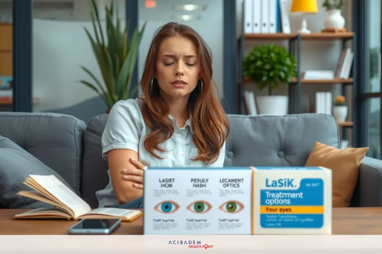 The image shows a young woman sitting in an indoor setting, possibly an office or living room. She is wearing a white blouse and appears to be examining or reading some packaging. The packaging contains medication, with visible brand names and product information suggesting it is related to eye health or vision correction.