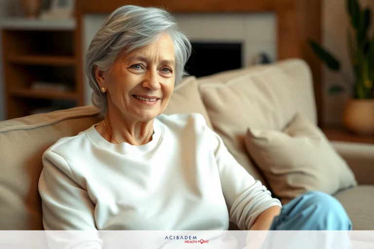 An elderly woman with grey hair is seated on a sofa, smiling gently at the camera. She's wearing a light-colored sweater and seems to be in a relaxed setting. The environment suggests a cozy living room.