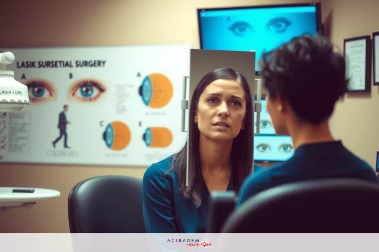 Can You Get LASIK in Just One Eye? A woman sitting in a dark-colored office chair, looking at another woman who is seated on the opposite side of a desk. The two women appear to be engaged in a conversation, possibly about medical or optical matters given the background that includes anatomical illustrations and graphs related to vision.