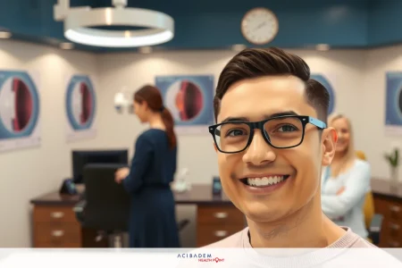 A young man is seated at a reception desk in an office setting. He is wearing eyeglasses and smiling. The office has a professional atmosphere with various medical equipment visible, such as stethoscopes on the wall and medical charts. There are two other individuals present in the background; one is standing while the other appears to be seated at a different desk.