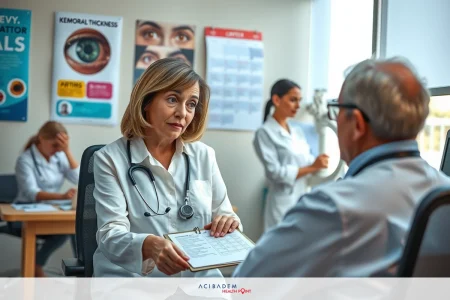 A group of medical professionals in an examination room, focused on a patient. The woman doctor is standing behind the desk with a clipboard and papers in hand.